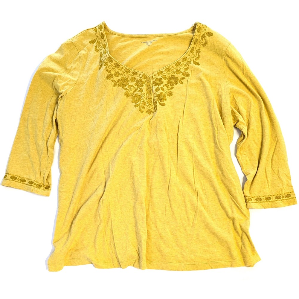 Laura Scott Woman Mustard Yellow Embroidered V-Neck 3/4 Sleeve Top Plus Size 1X